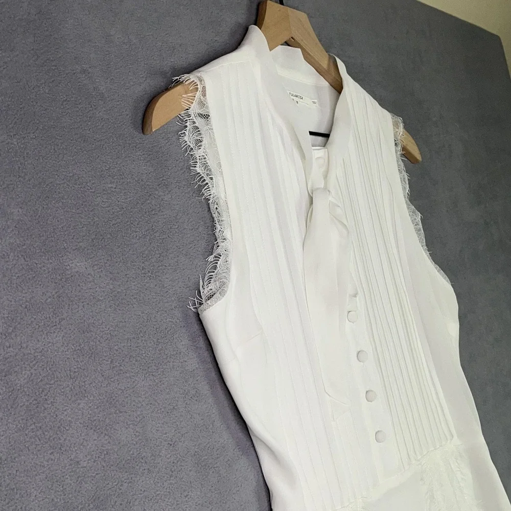 Tularosa White Sleeveless Tie Neck Lace Trim Fit &‎ Flare Dress Women's Small - Picture 4 of 11